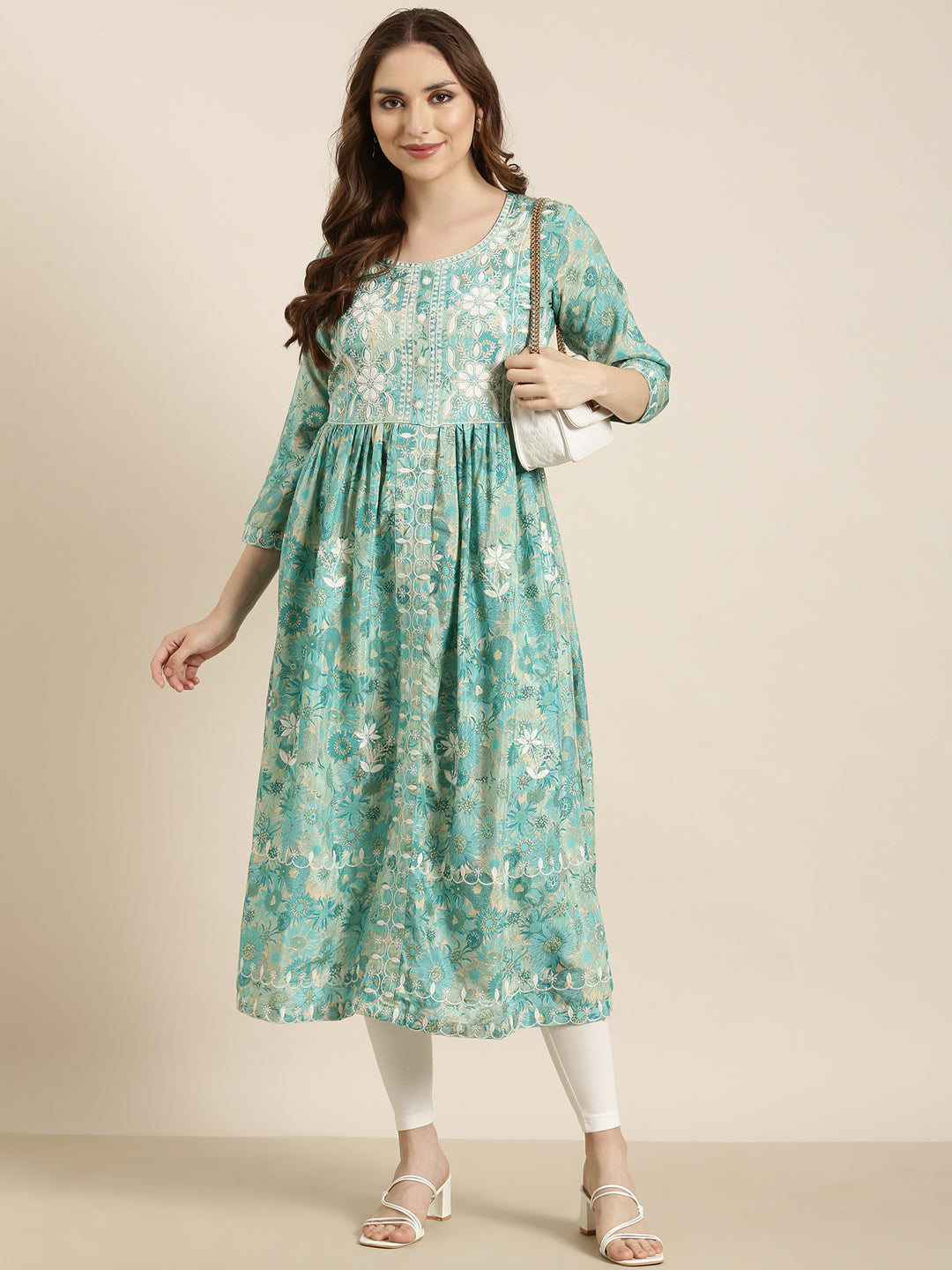 Women Anarkali Turquoise Blue Floral Kurta