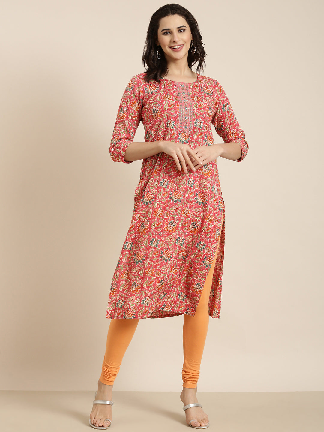 Women Straight Pink Floral Kurta