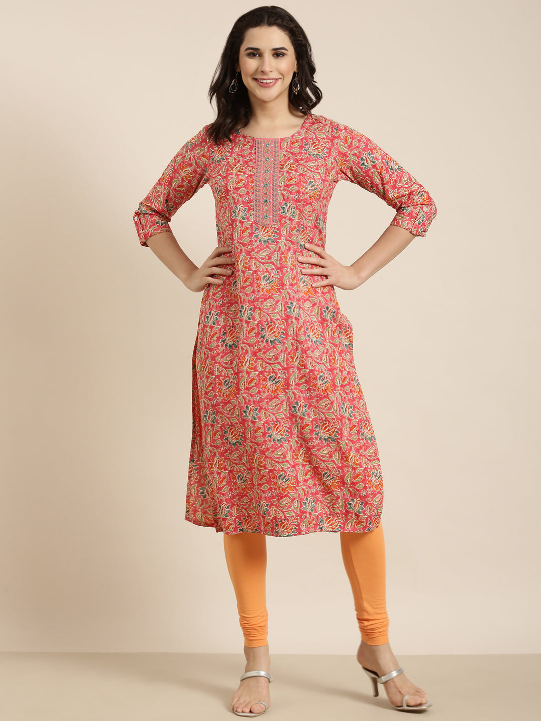 Women Straight Pink Floral Kurta