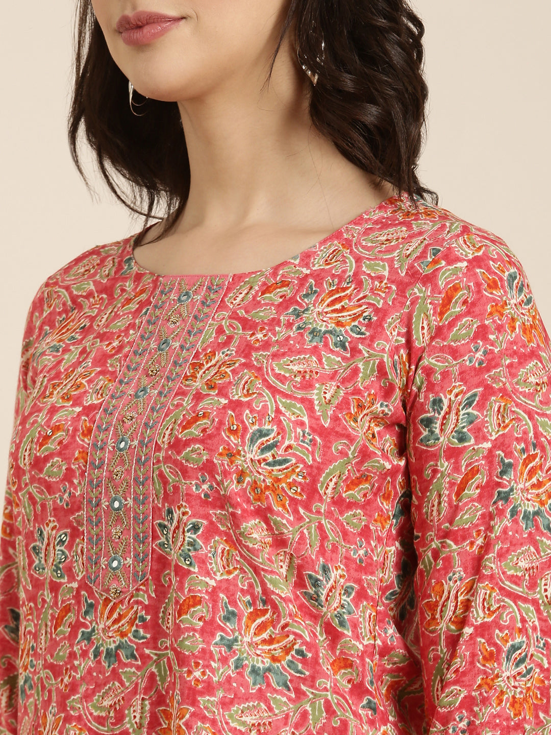 Women Straight Pink Floral Kurta