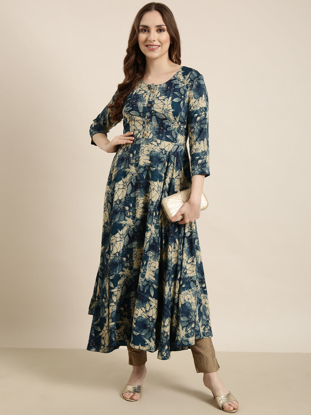 Women Anarkali Blue Floral Kurta