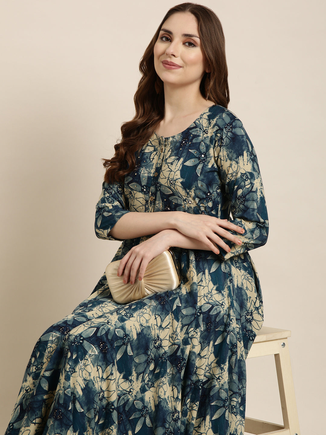 Women Anarkali Blue Floral Kurta