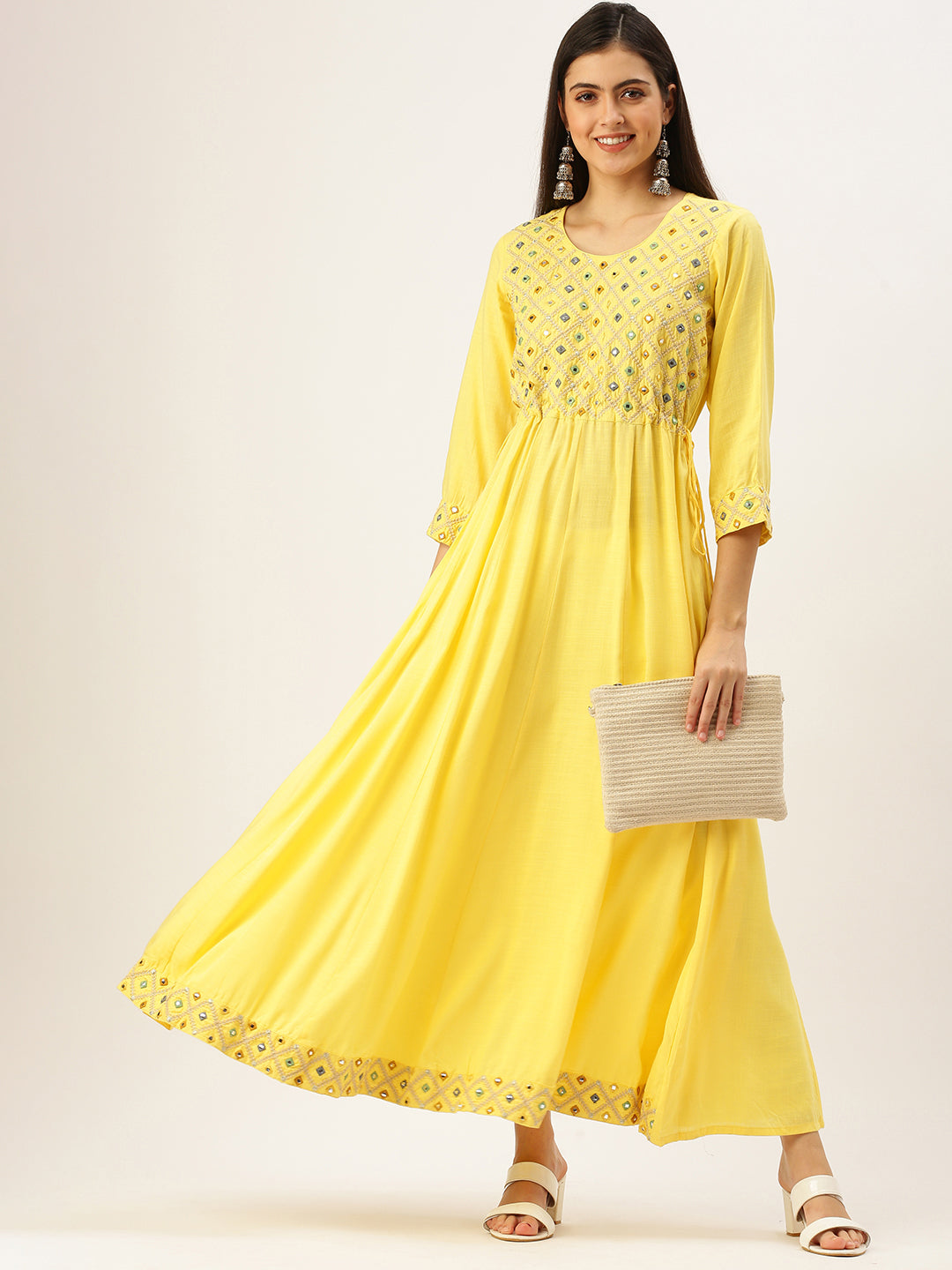 Women's Yellow Embroidered Anarkali Kurtas