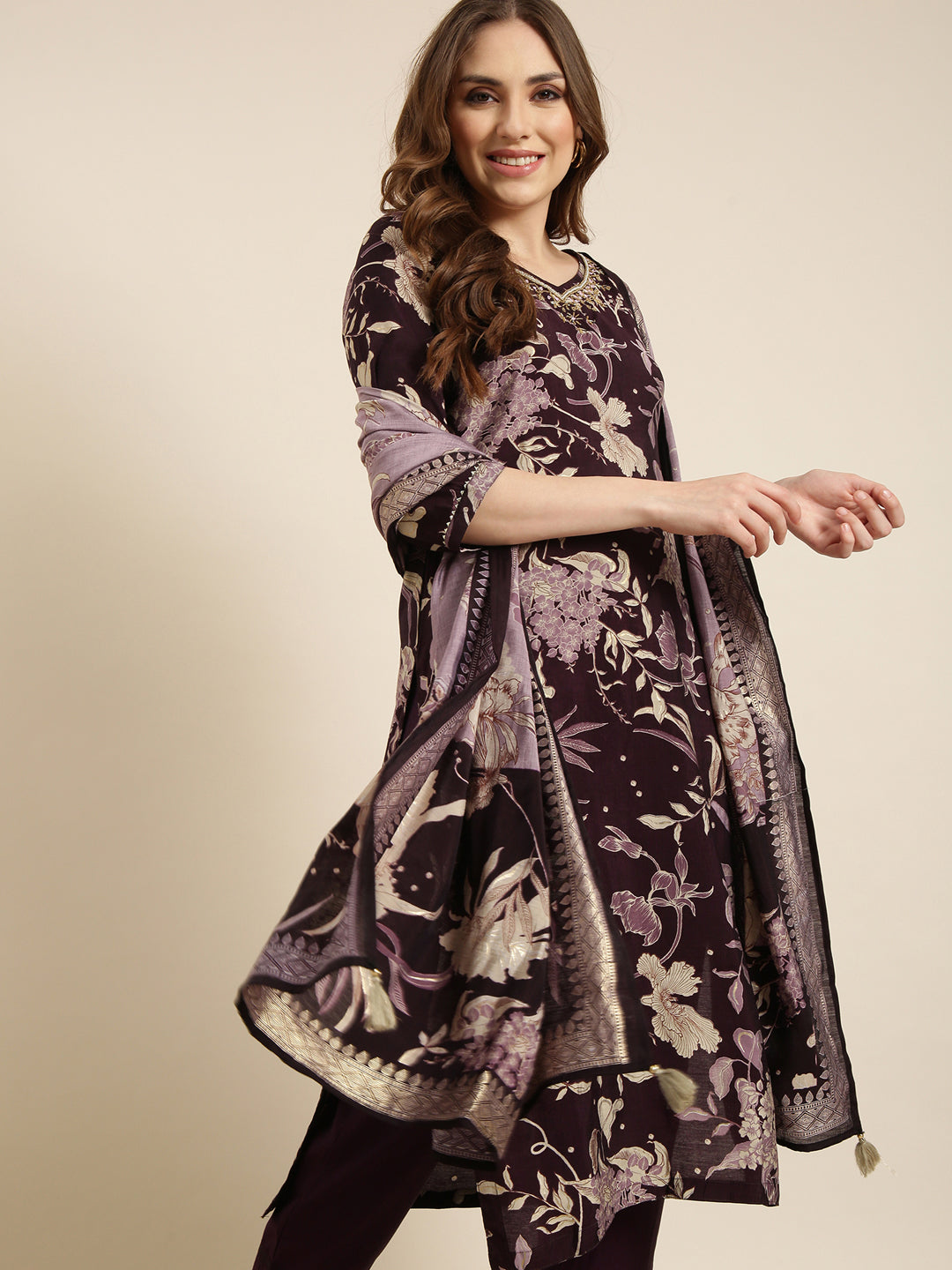 Women Straight Purple Floral Kurta and Trousers Set Comes With Dupatta