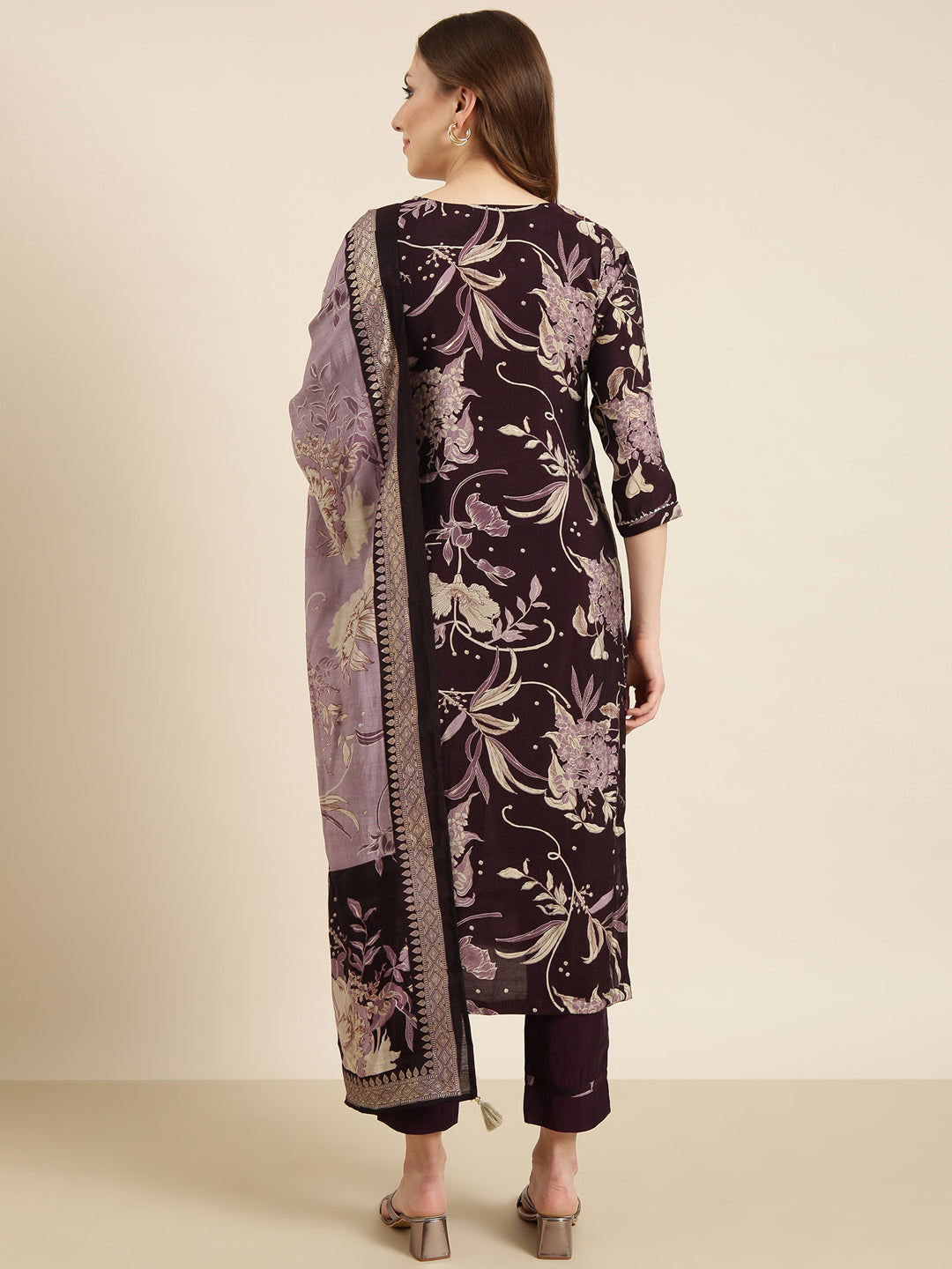 Women Straight Purple Floral Kurta and Trousers Set Comes With Dupatta