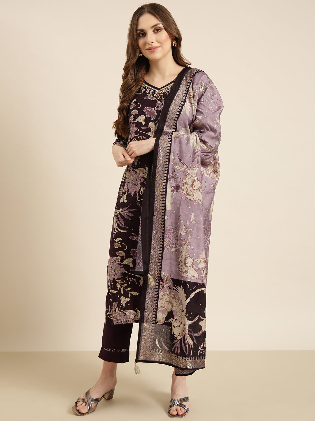 Women Straight Purple Floral Kurta and Trousers Set Comes With Dupatta