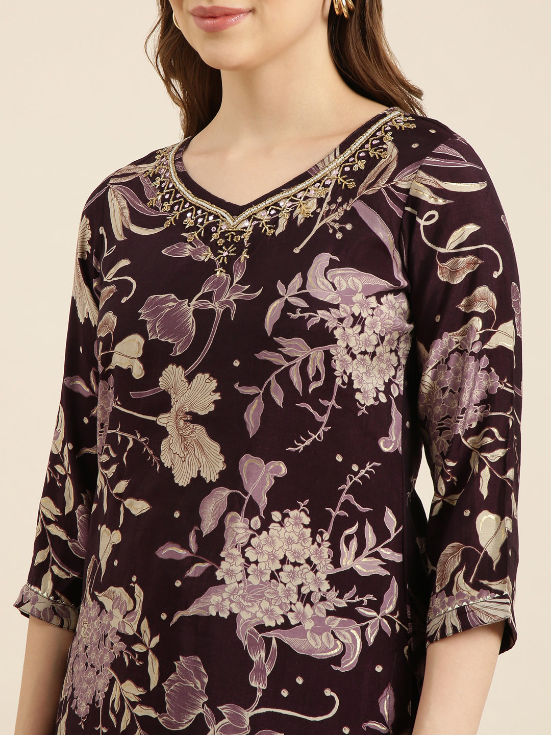 Women Straight Purple Floral Kurta and Trousers Set Comes With Dupatta