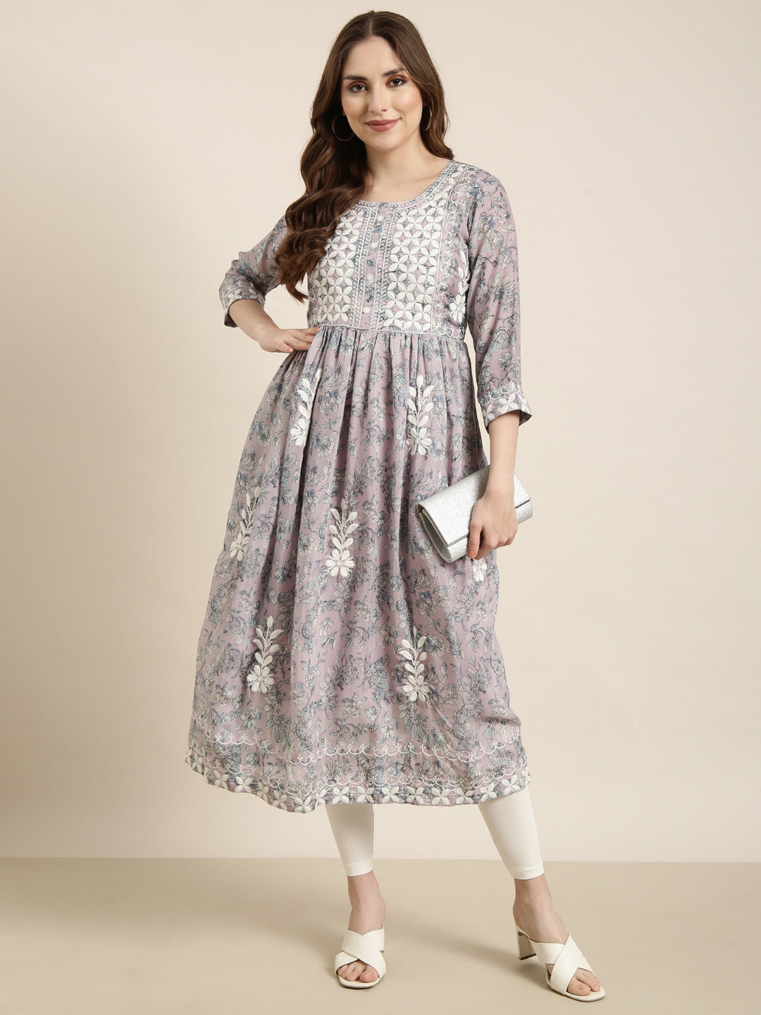 Women Anarkali Lavender Floral Kurta