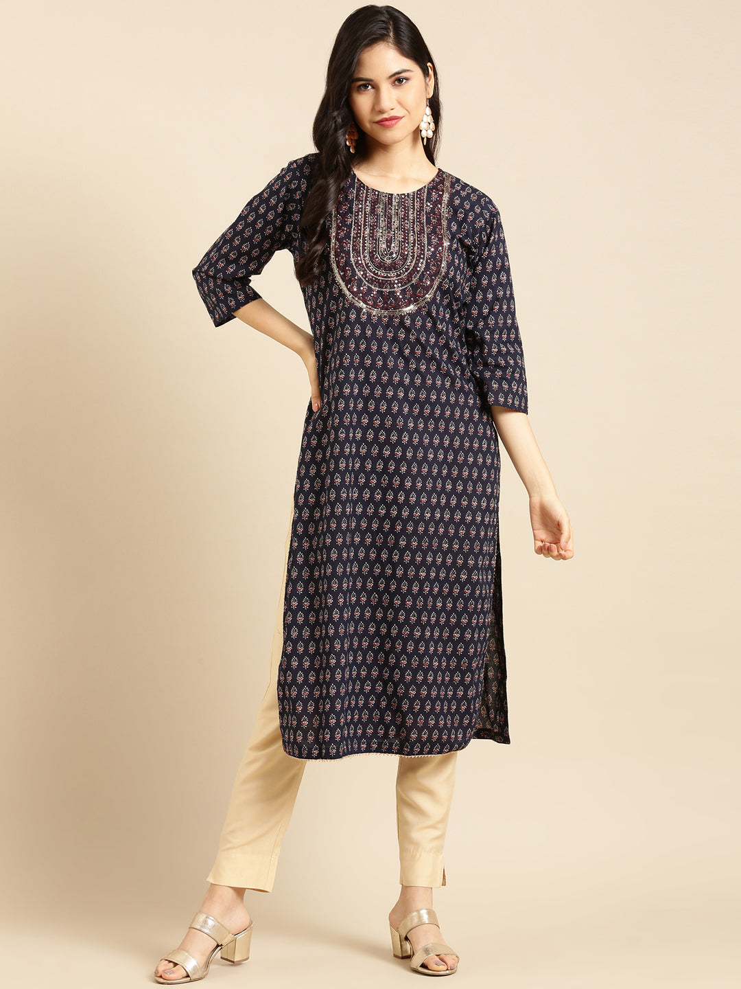 Women's Blue Printed Straight Kurta