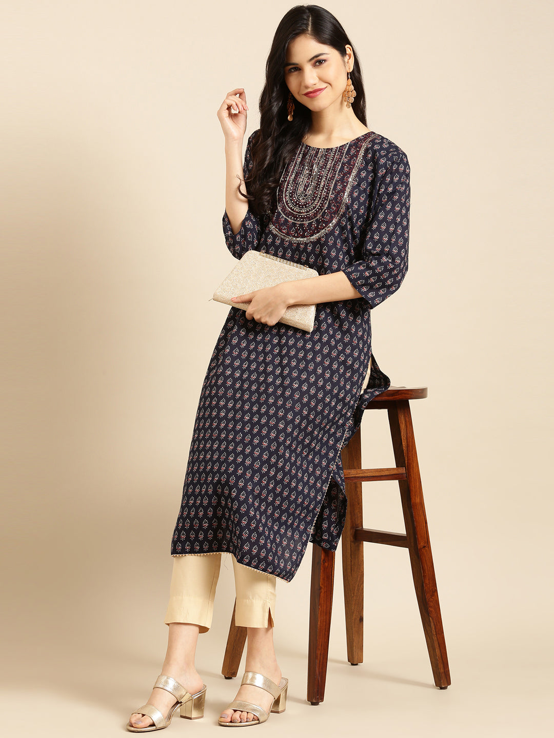 Women's Blue Printed Straight Kurta