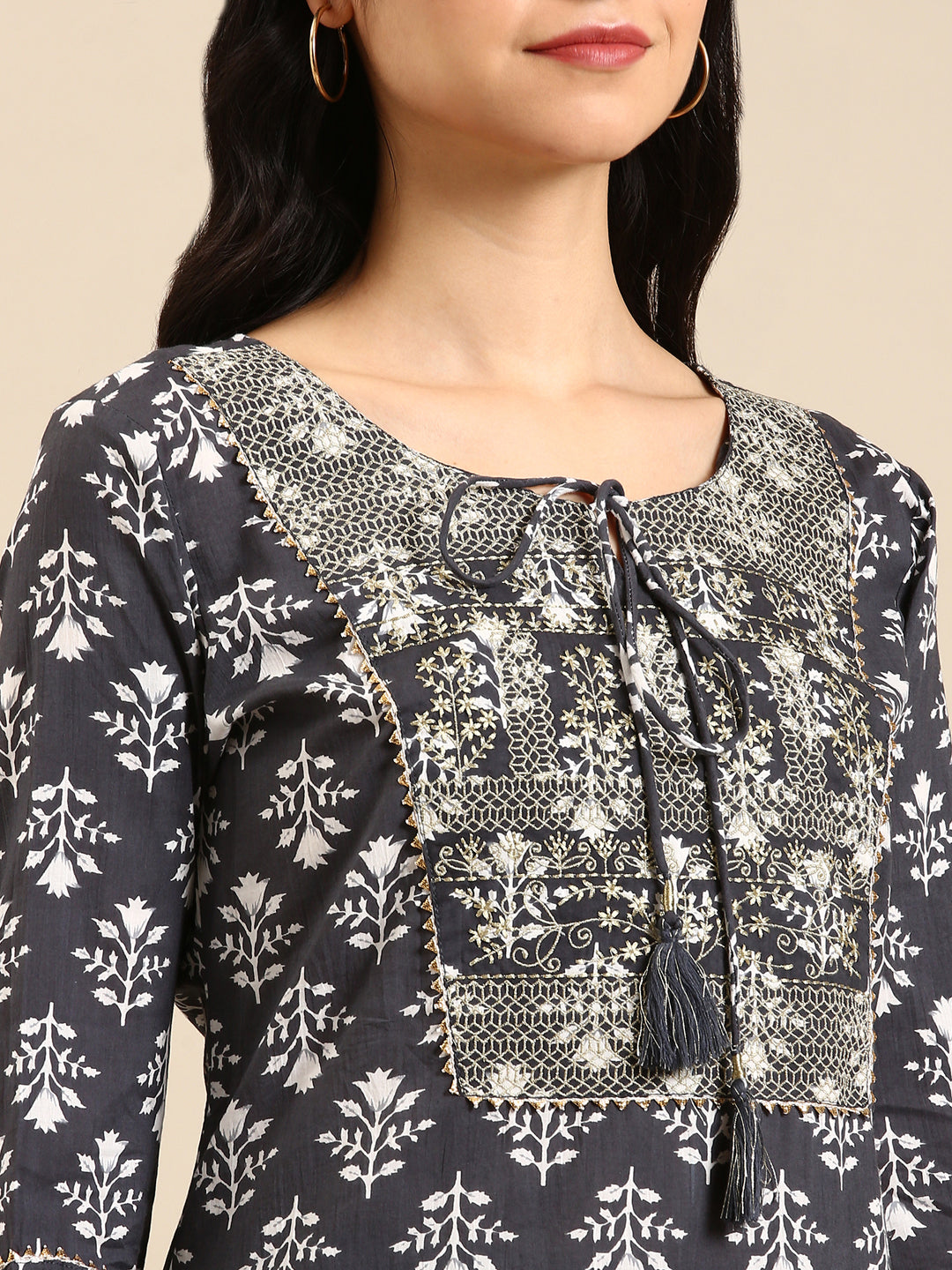 Women's Grey Floral Kurta Set