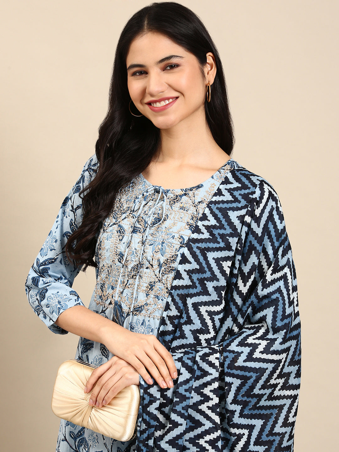 Women's Navy Blue Floral Kurta Set