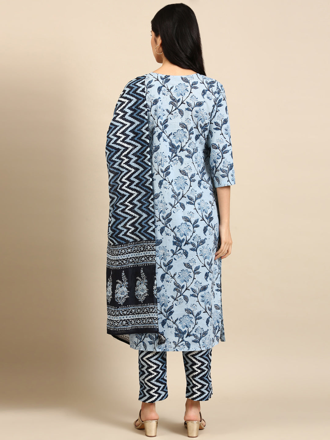 Women's Navy Blue Floral Kurta Set