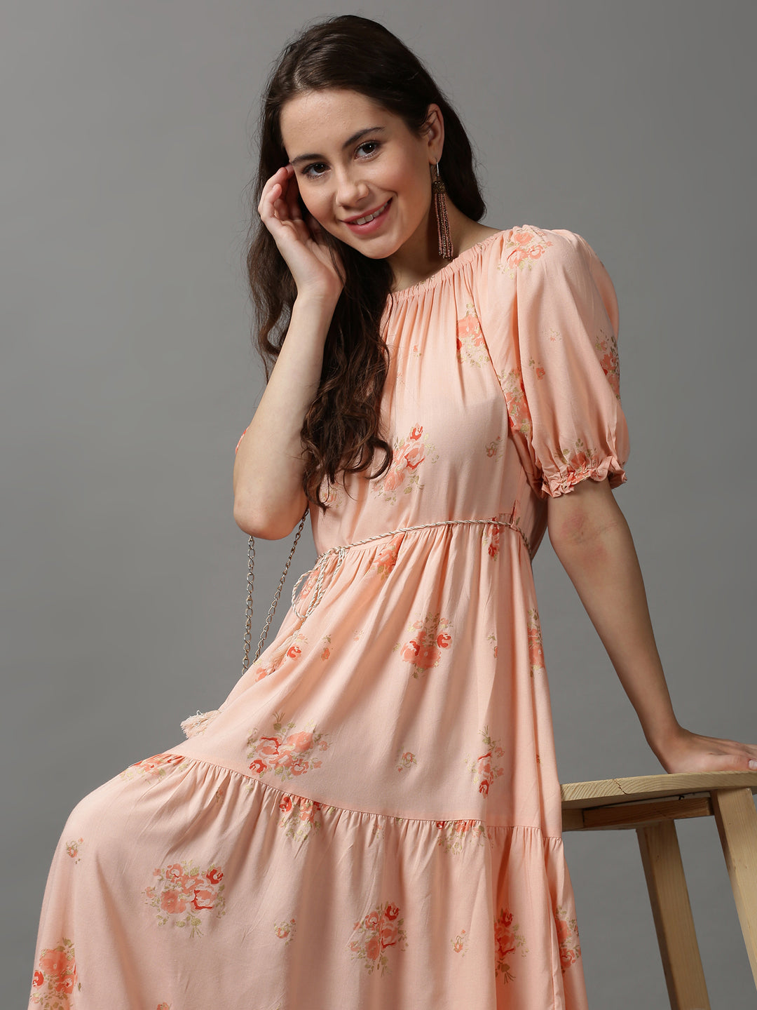 Women's Peach Floral Printed Maxi Dress