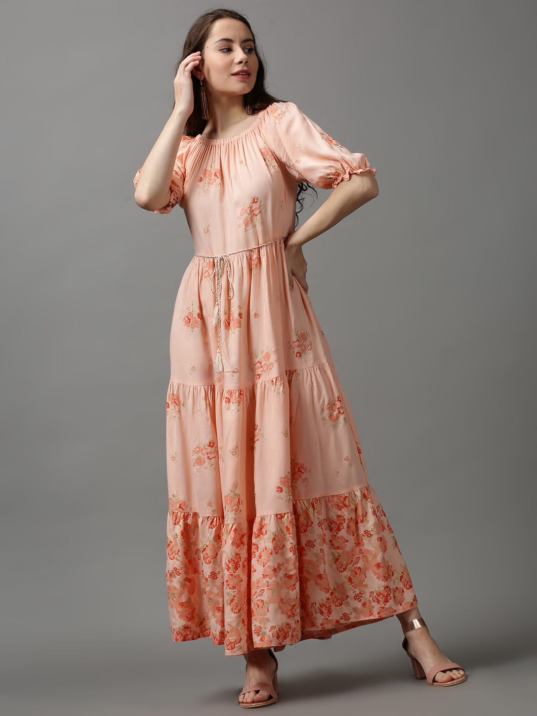 Women's Peach Floral Printed Maxi Dress
