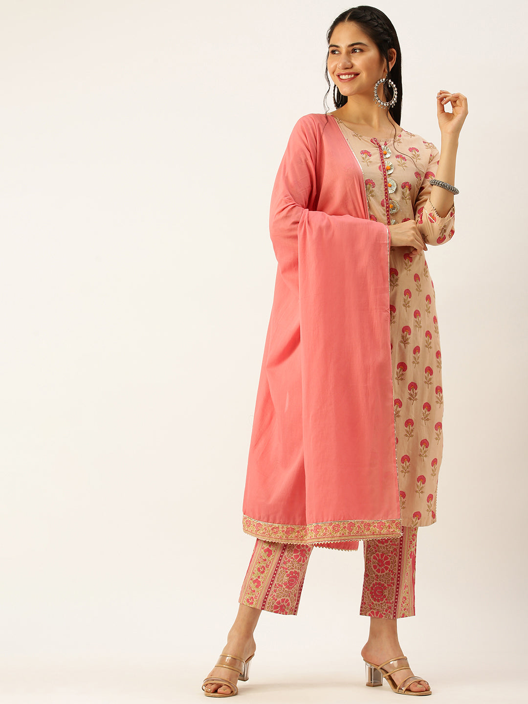 Women's Peach Printed Kurta Sets