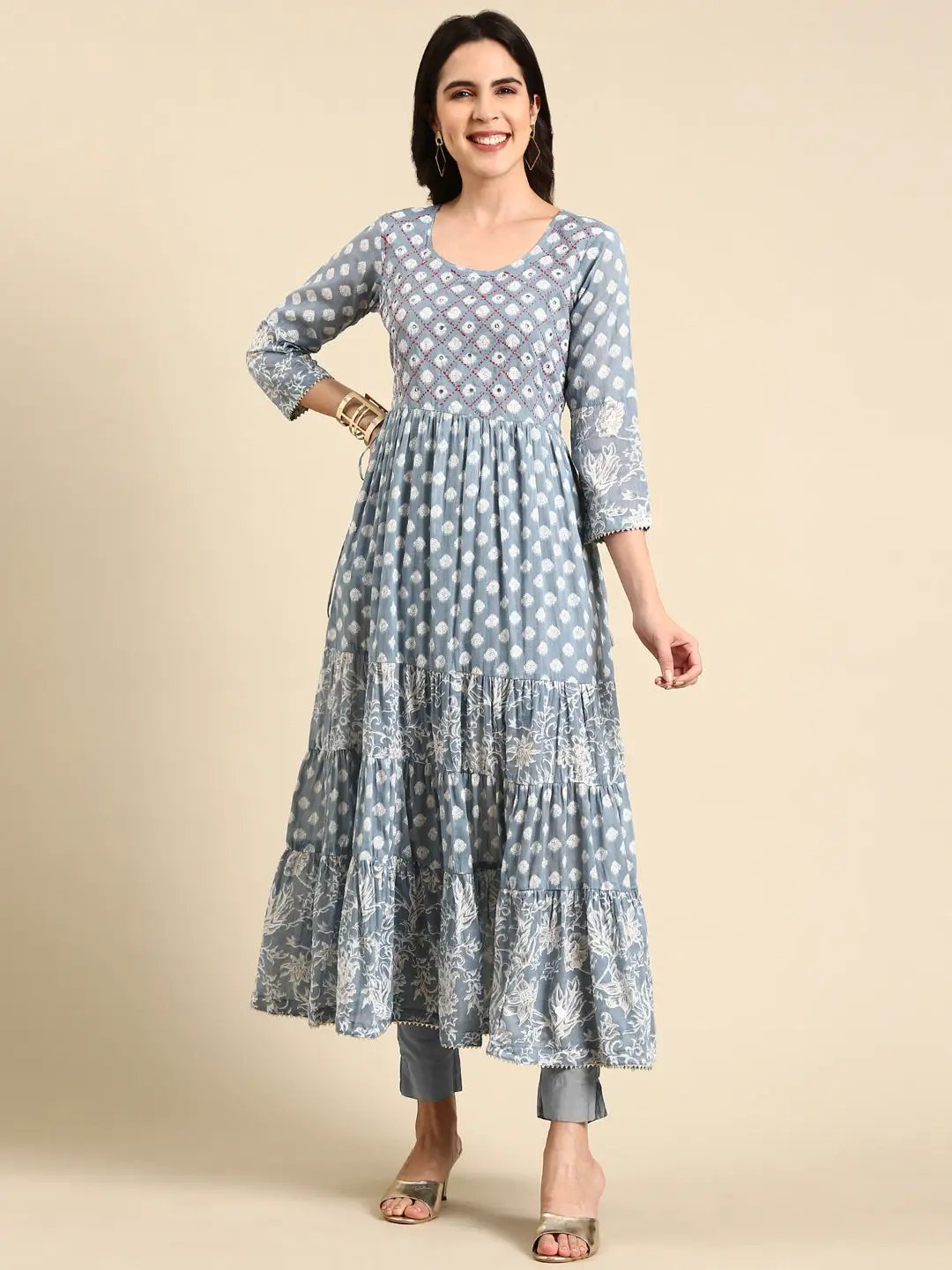 Women's Blue Printed Anarkali Kurta