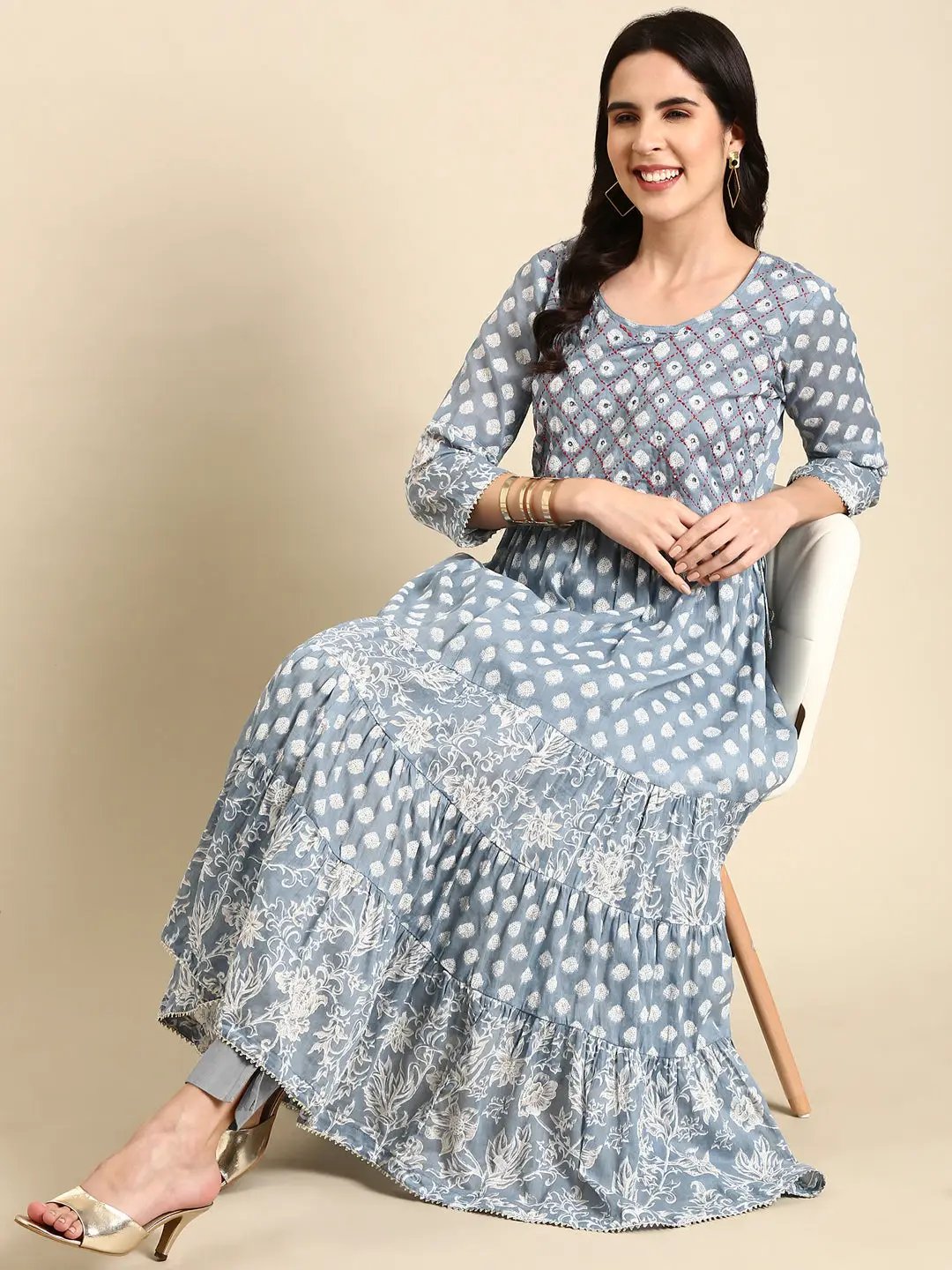 Women's Blue Printed Anarkali Kurta