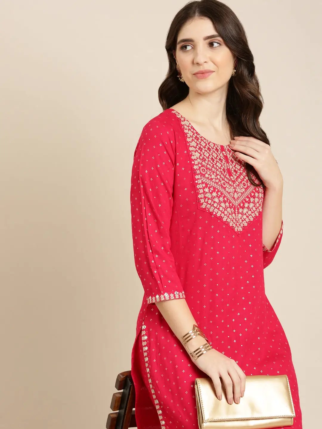 Women's Fuchsia Geometrical Kurta Set