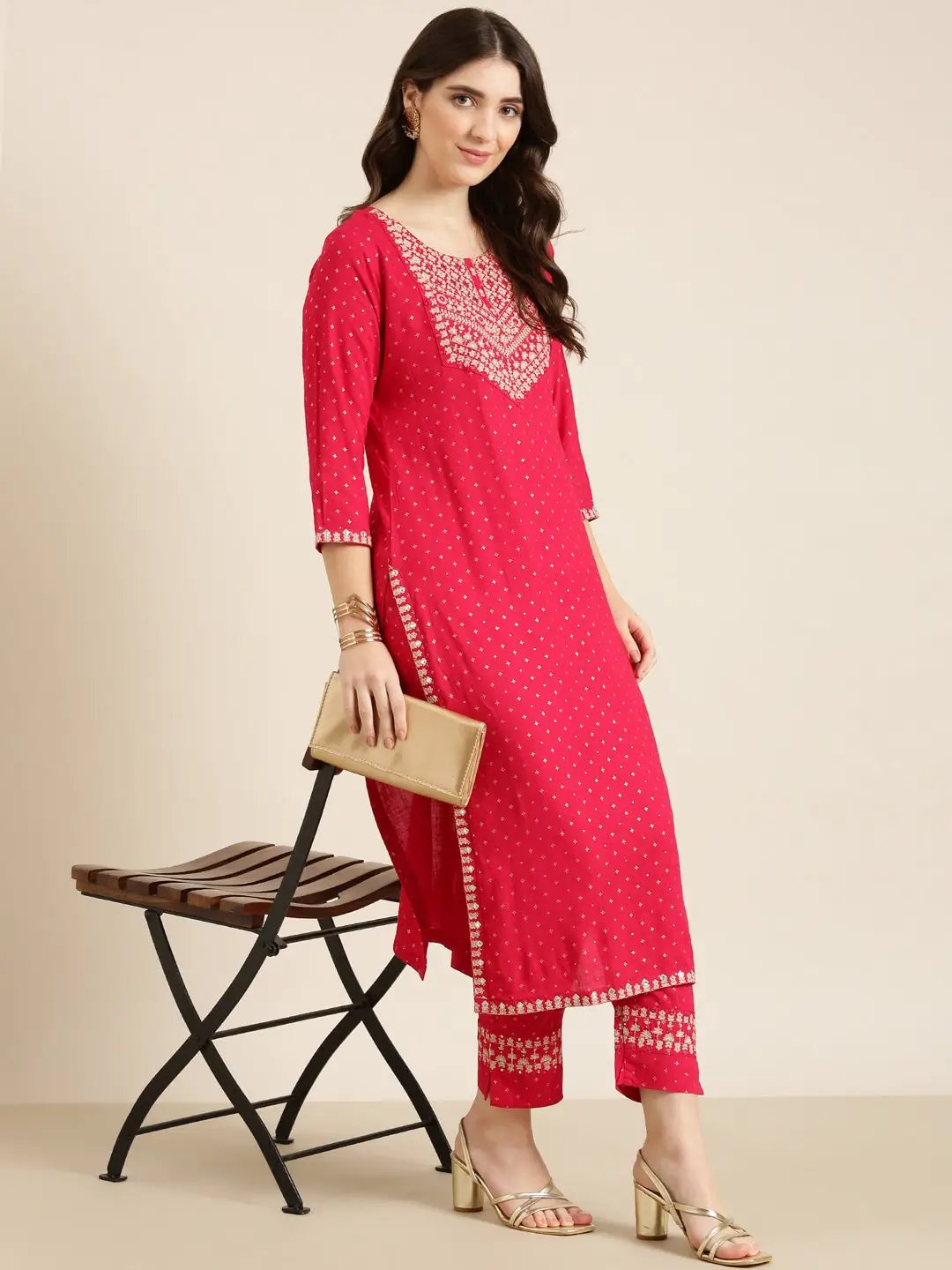 Women's Fuchsia Geometrical Kurta Set