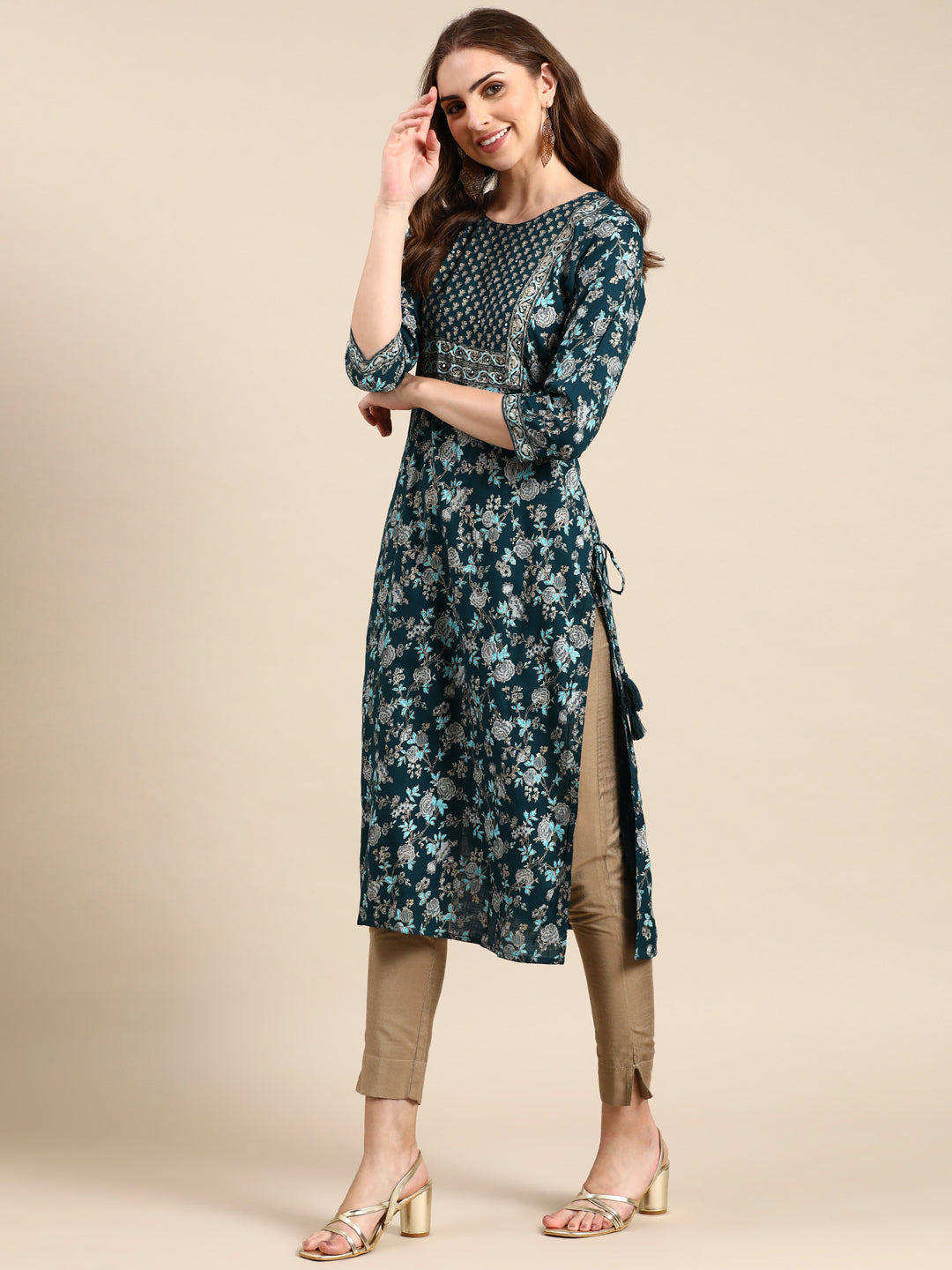 Women's Teal Printed Straight Kurta