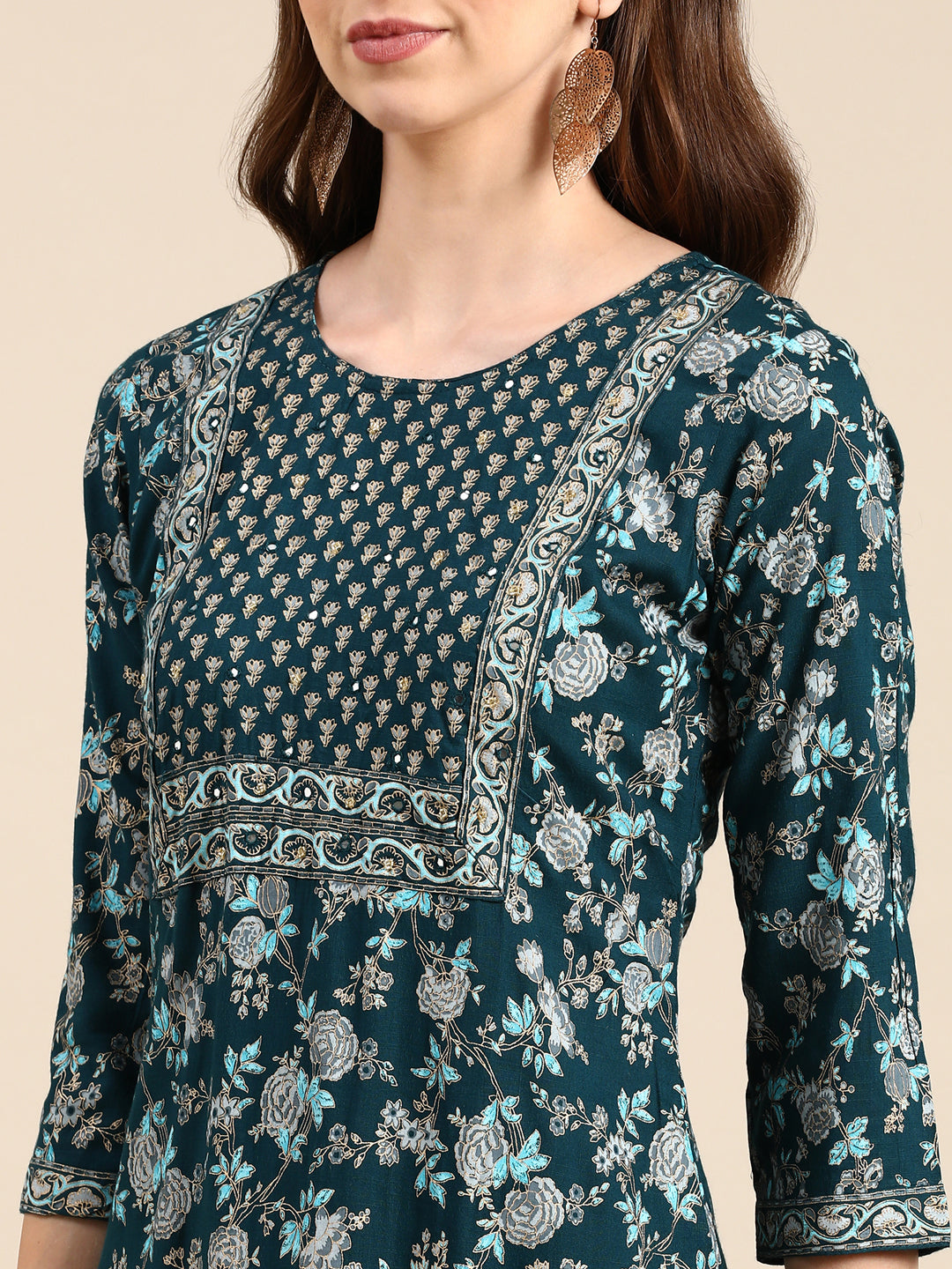 Women's Teal Printed Straight Kurta