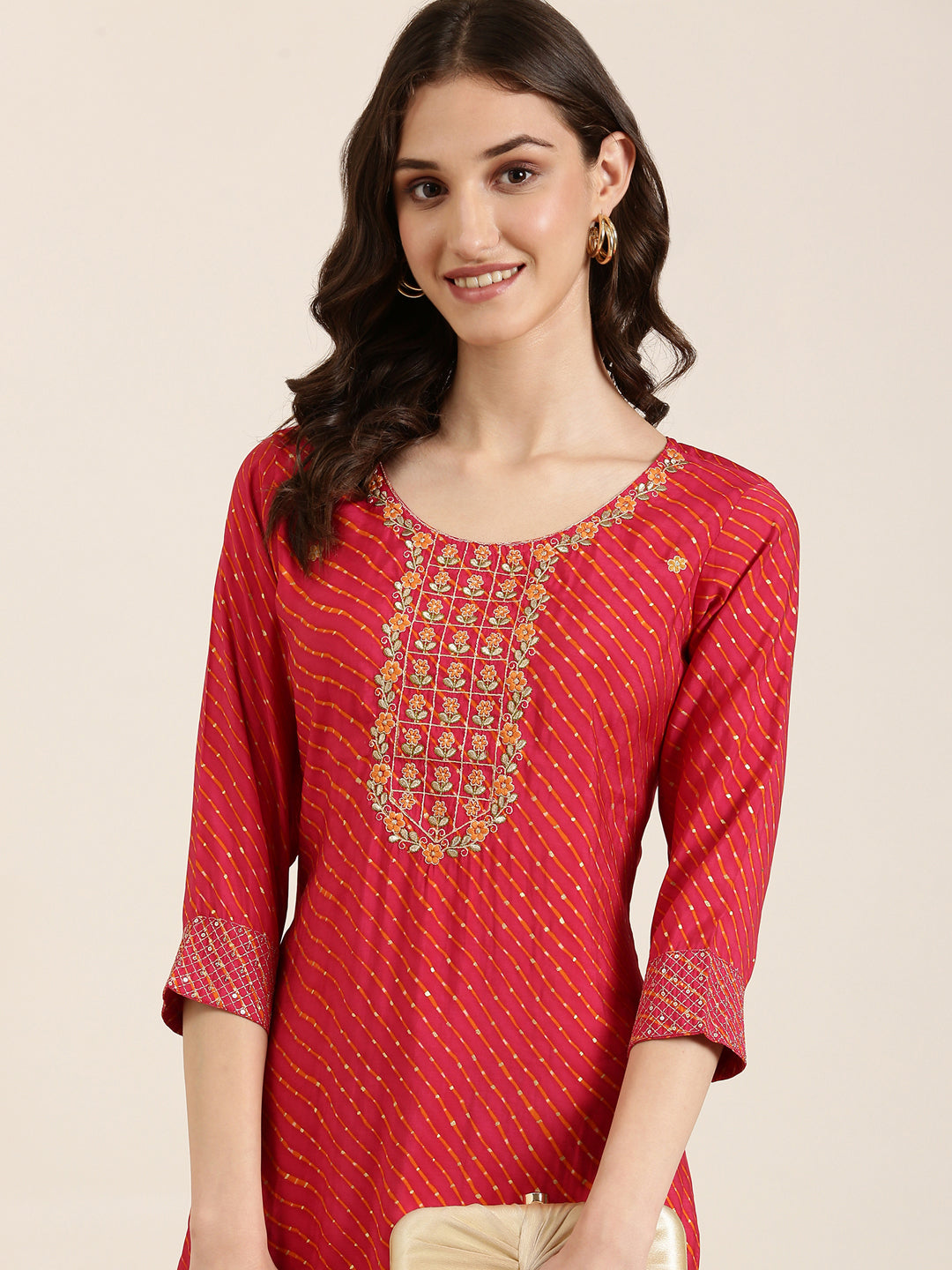 Women Fuchsia Striped Straight Kurta