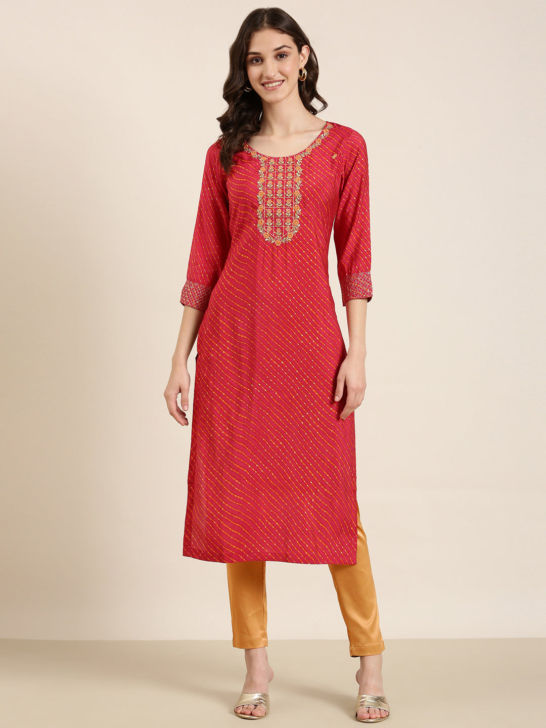 Women Fuchsia Striped Straight Kurta