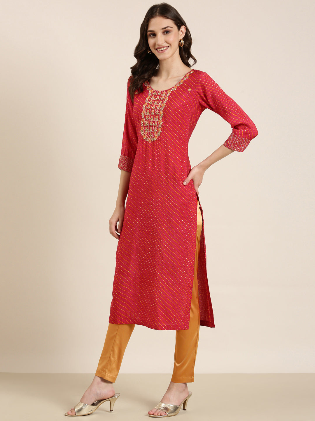 Women Fuchsia Striped Straight Kurta