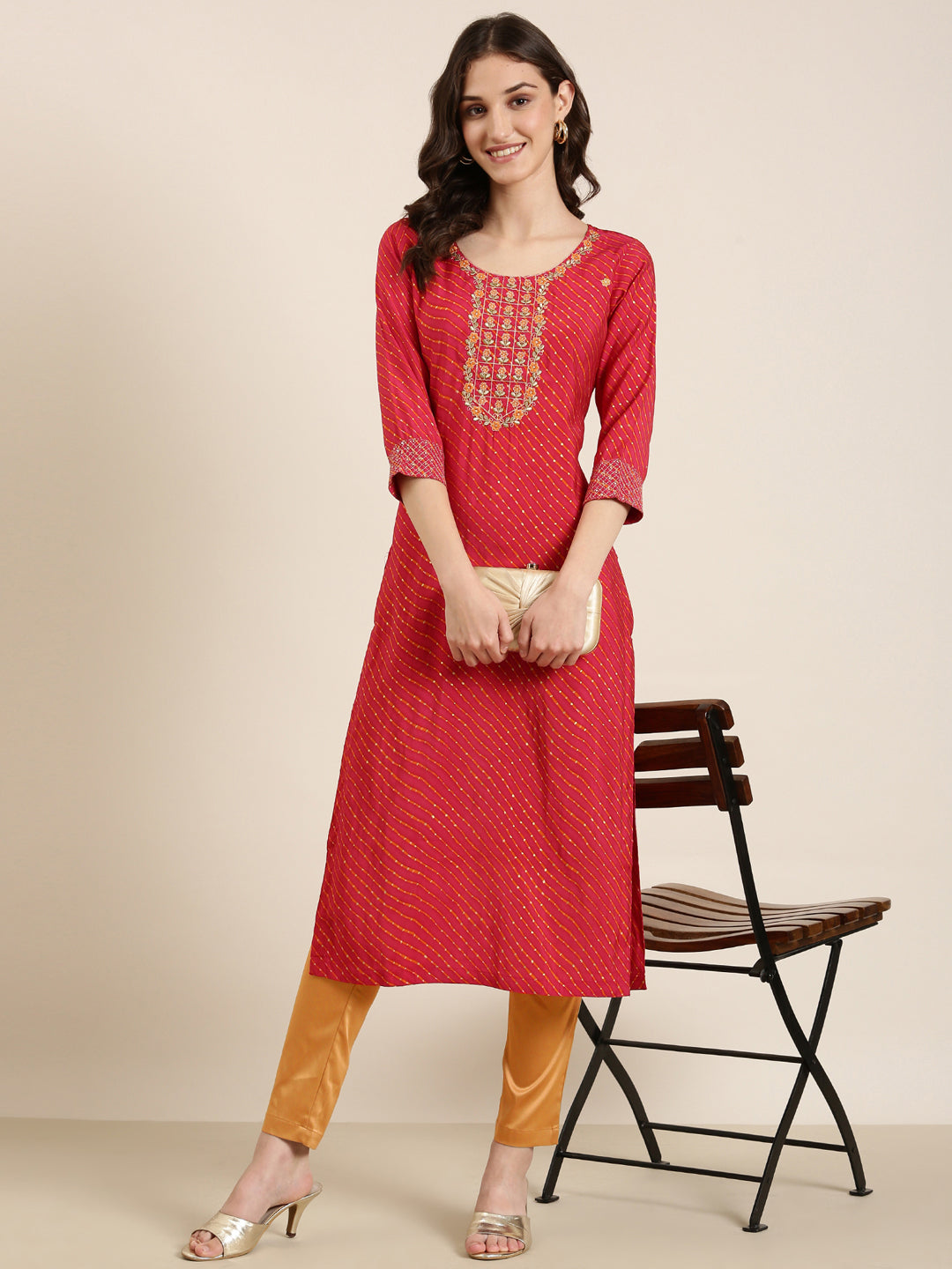 Women Fuchsia Striped Straight Kurta