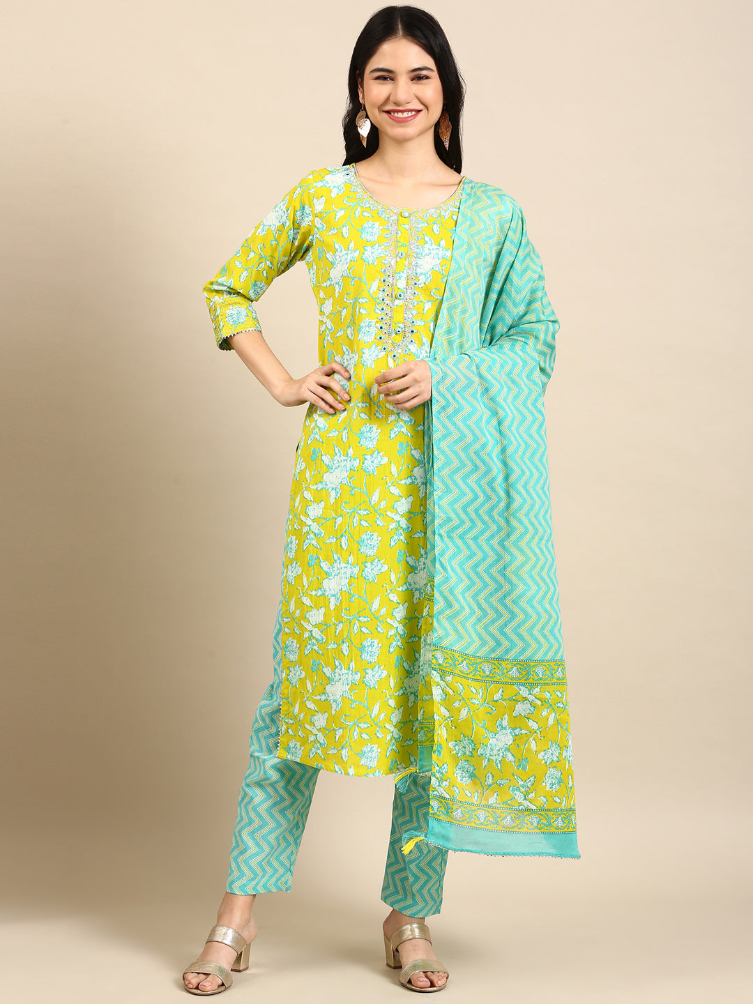 Women's Green Floral Kurta Set