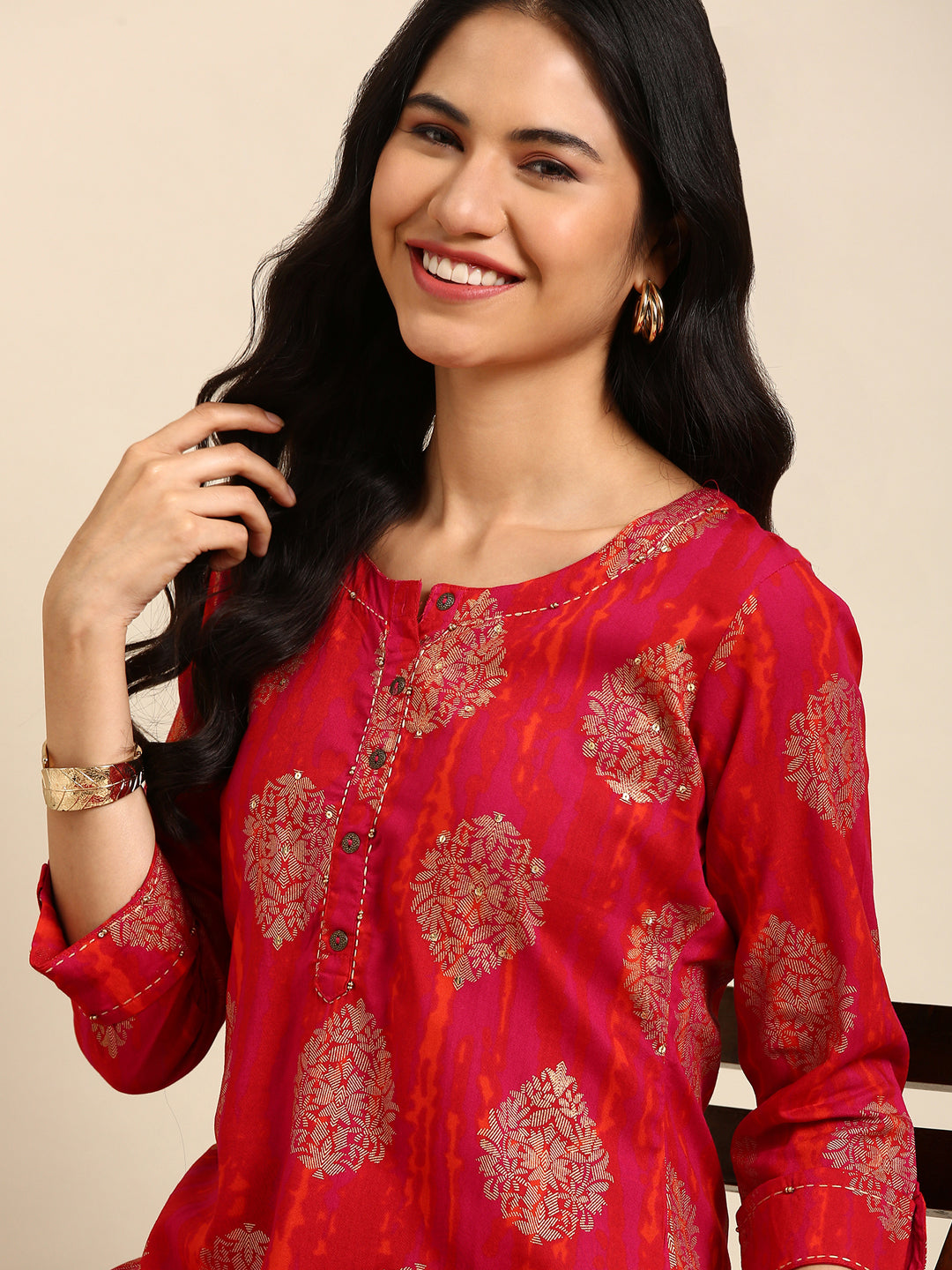 Women's Pink Printed Straight Kurta
