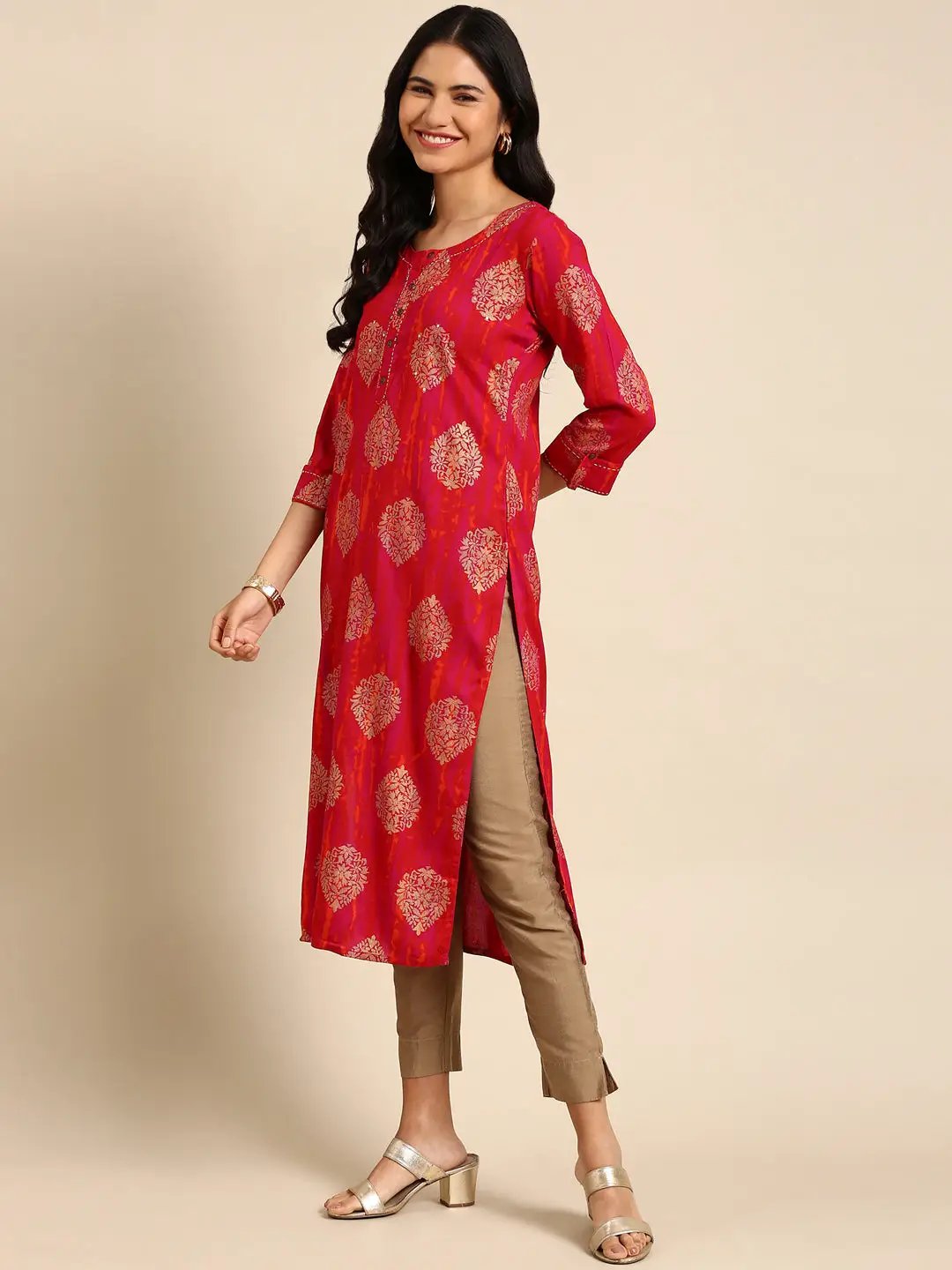 Women's Pink Printed Straight Kurta