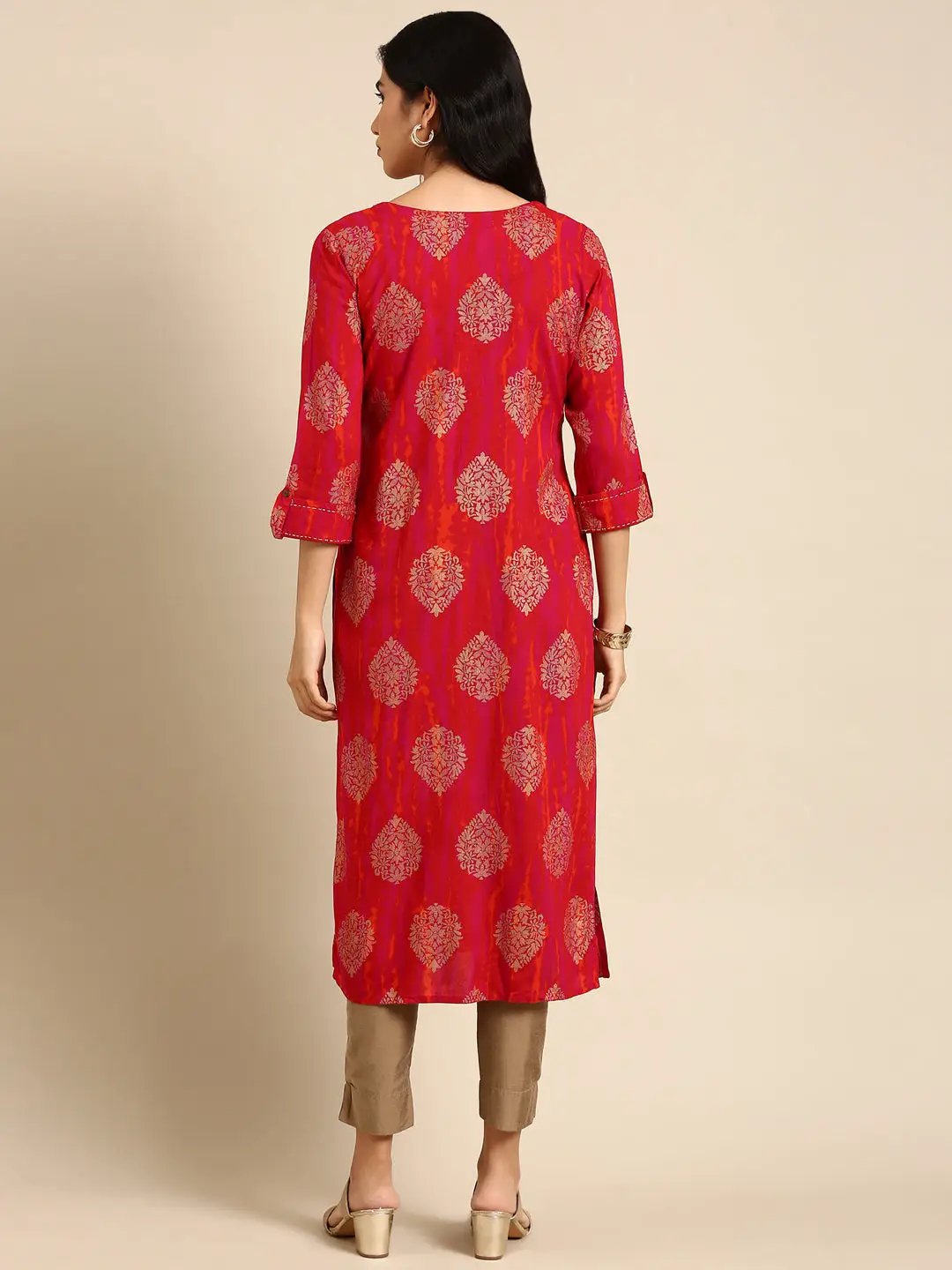 Women's Pink Printed Straight Kurta