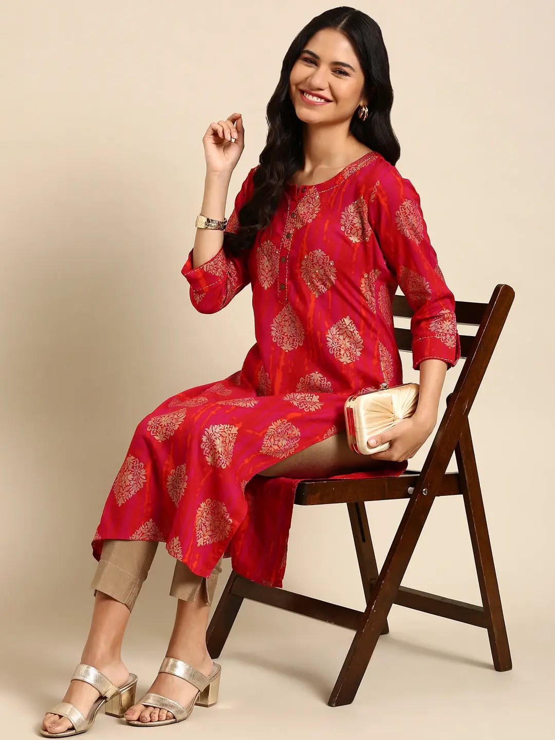 Women's Pink Printed Straight Kurta