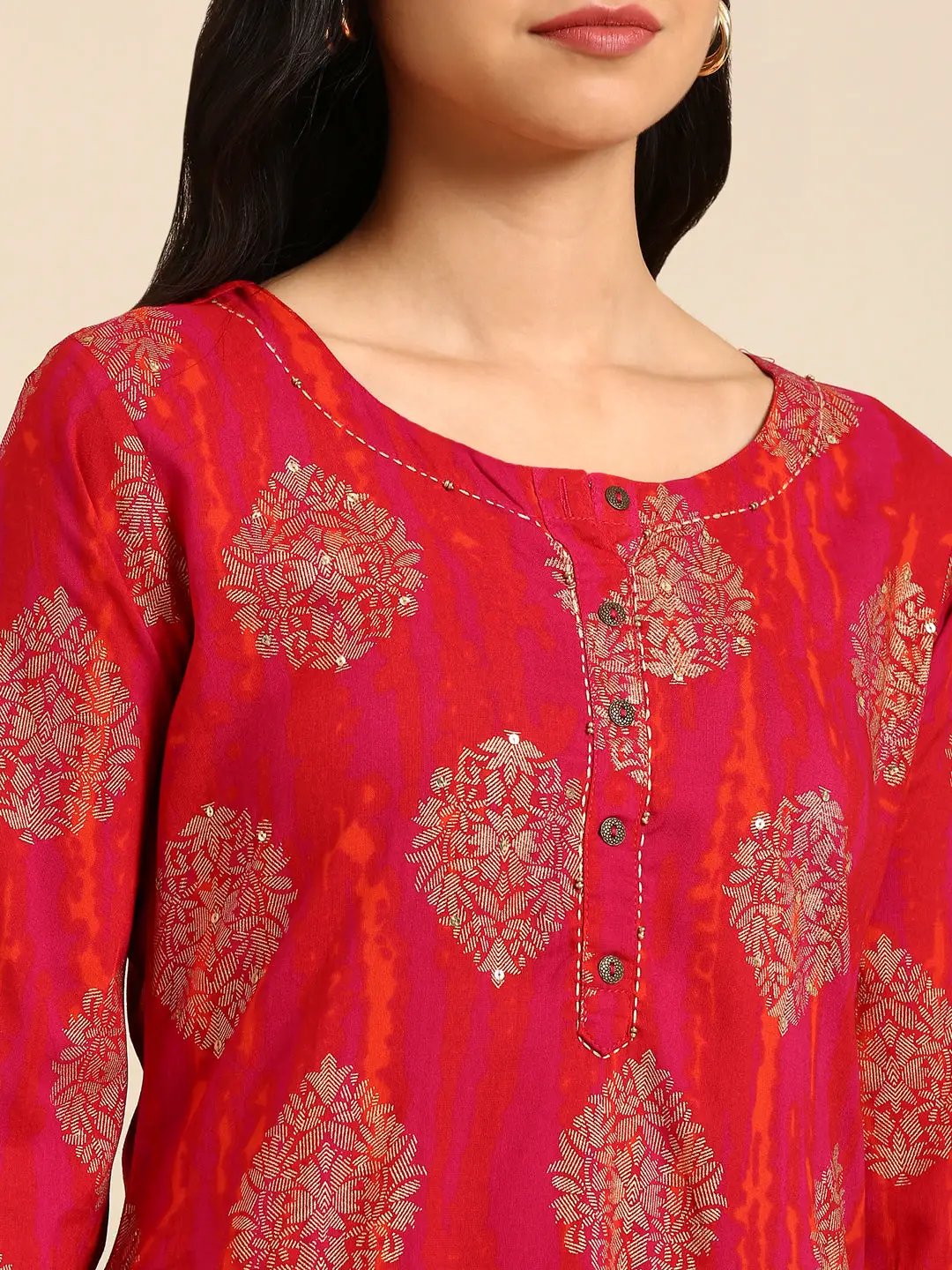 Women's Pink Printed Straight Kurta