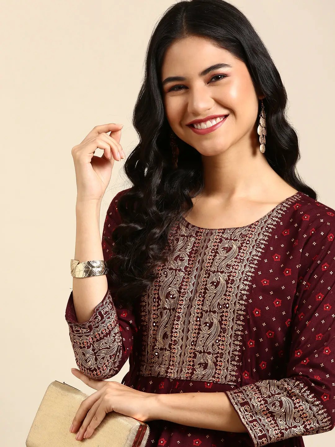 Women's Burgundy Printed Anarkali Kurta