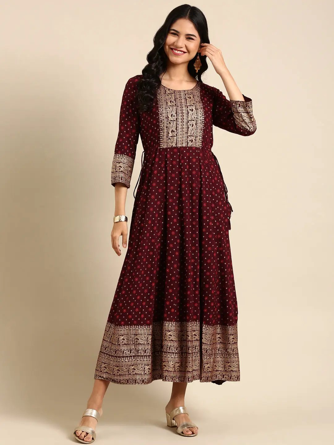 Women's Burgundy Printed Anarkali Kurta