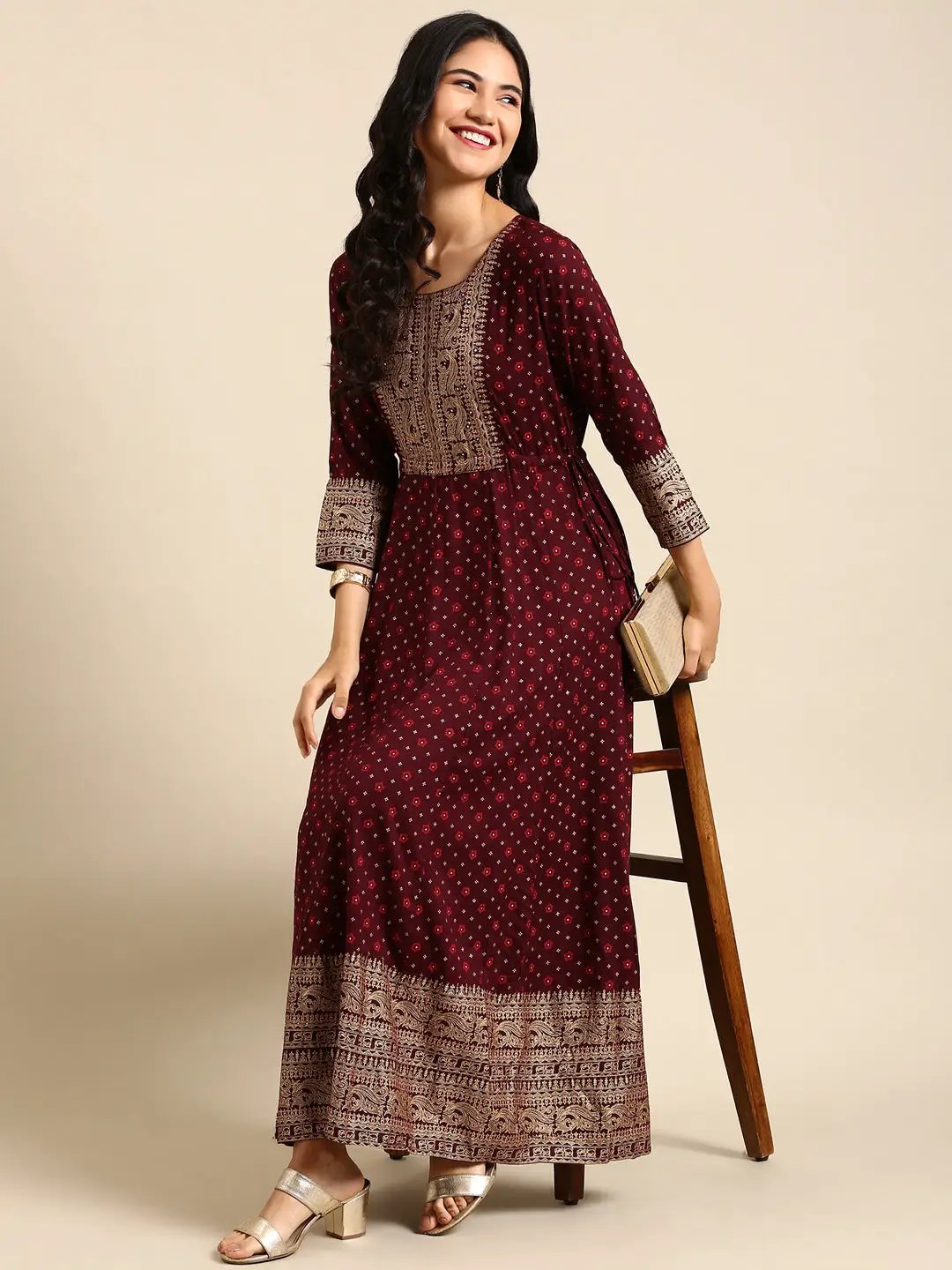 Women's Burgundy Printed Anarkali Kurta