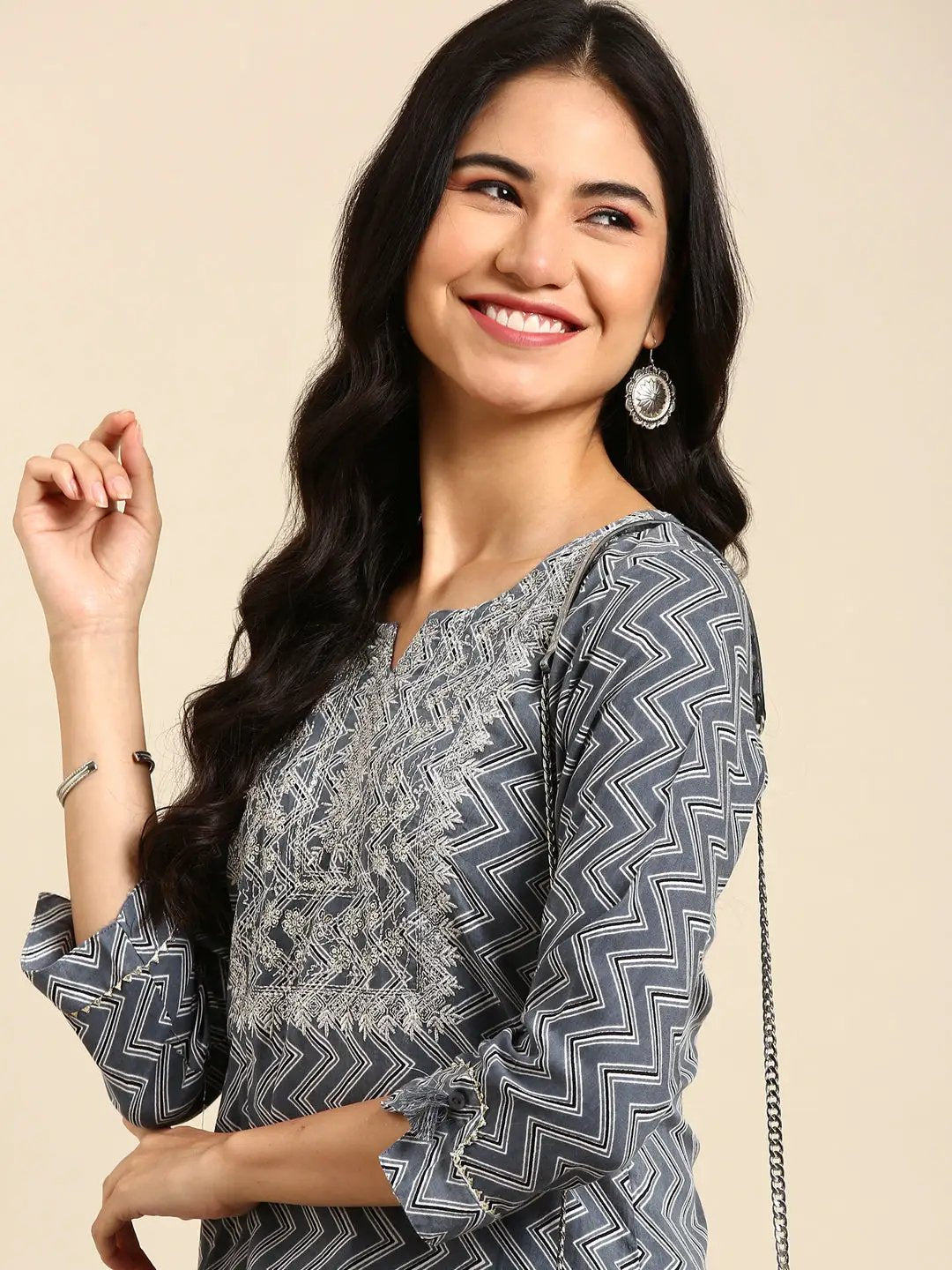 Women's Grey Printed Straight Kurta