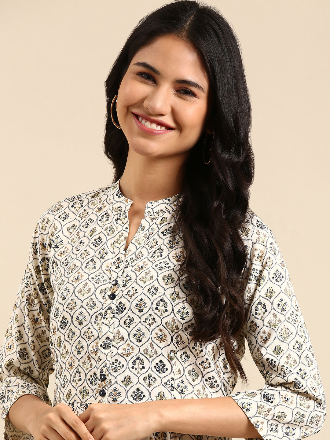 Women's Cream Printed Anarkali Kurta