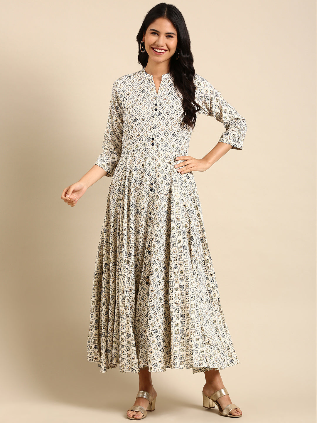 Women's Cream Printed Anarkali Kurta