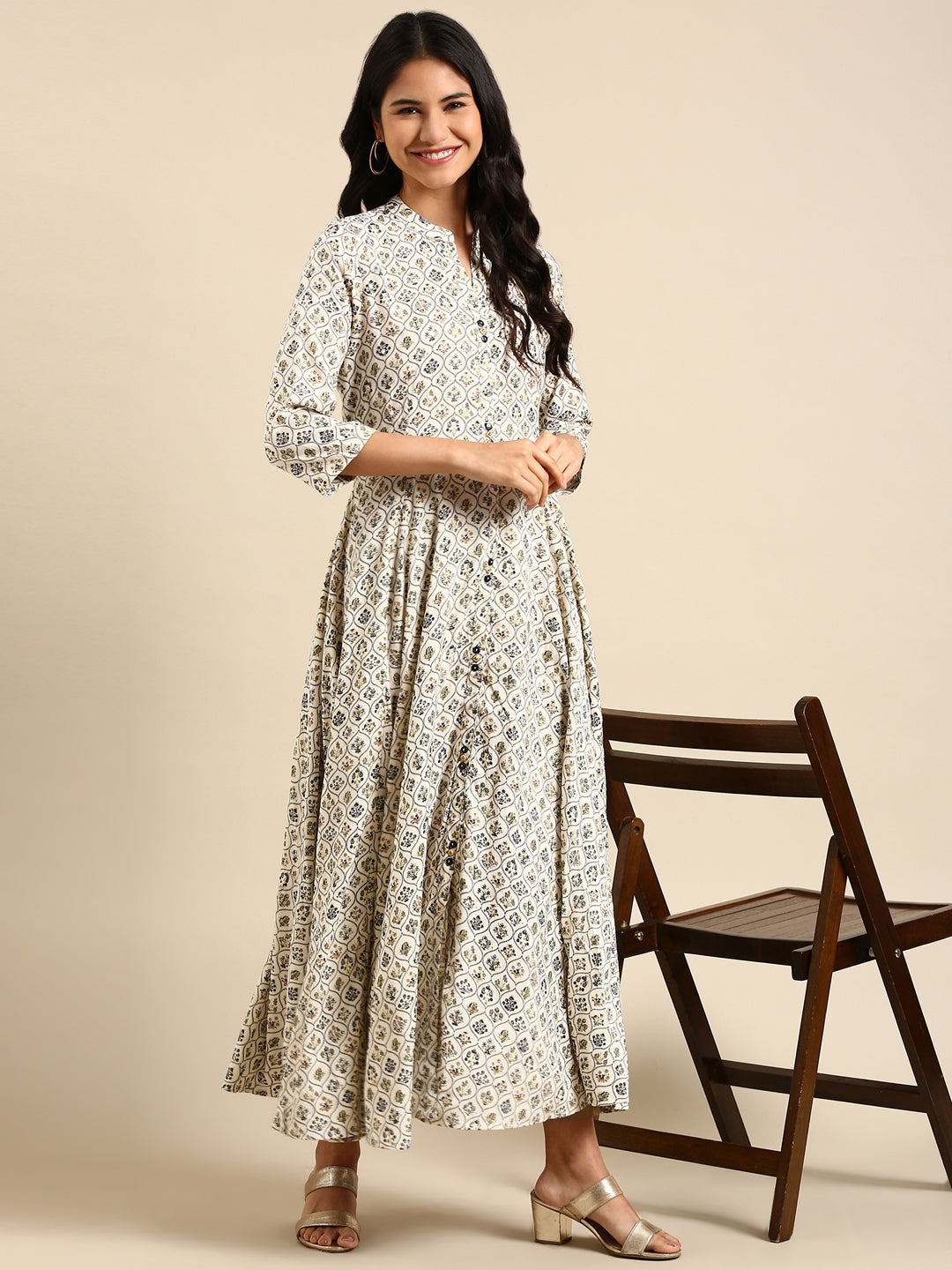 Women's Cream Printed Anarkali Kurta