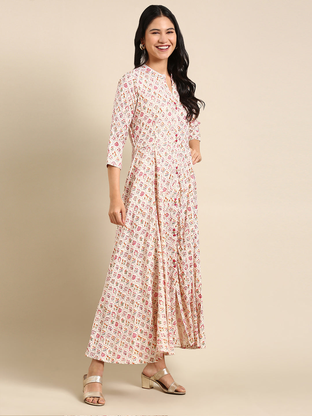 Women's Cream Printed Anarkali Kurta