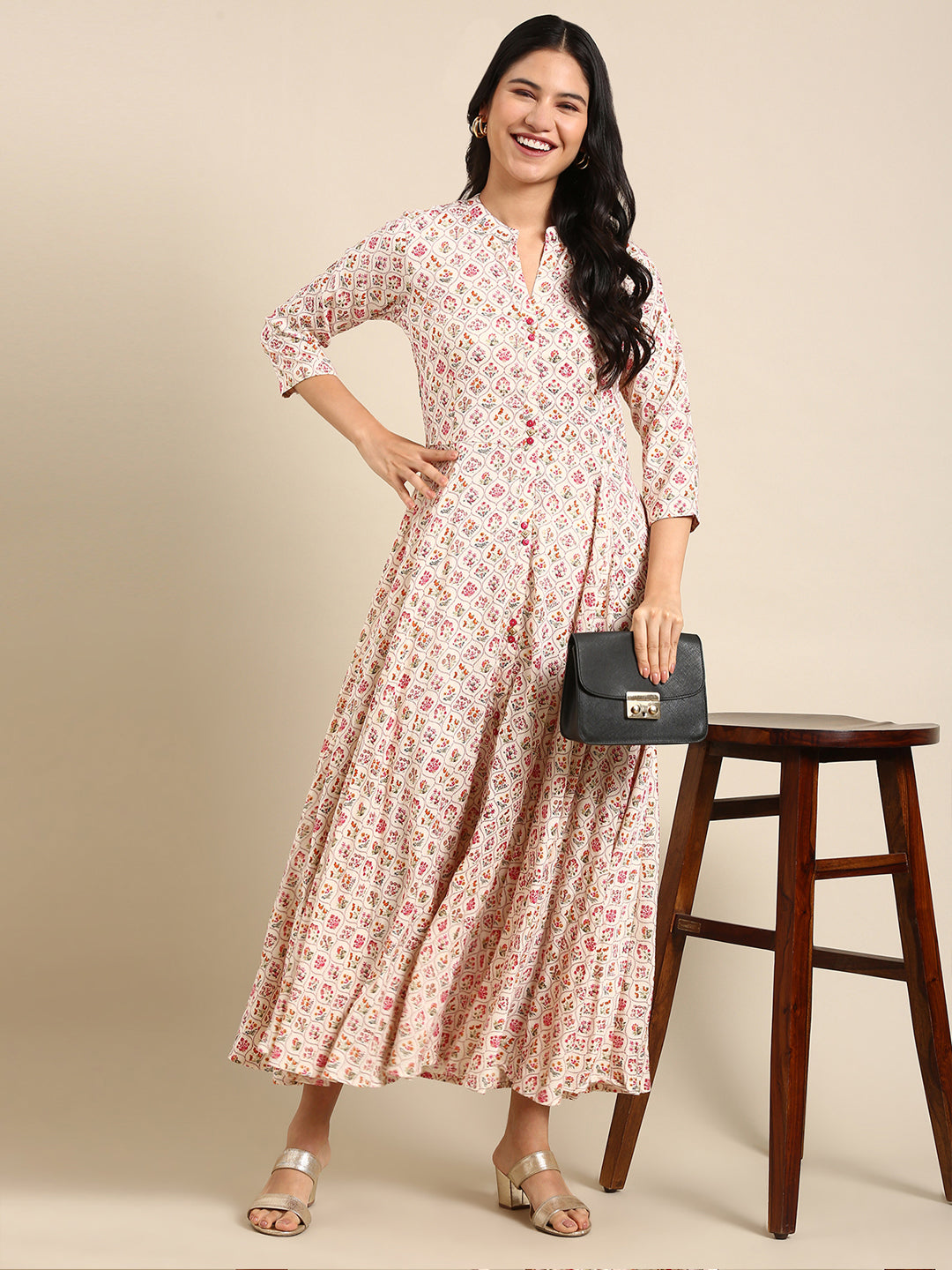 Women's Cream Printed Anarkali Kurta