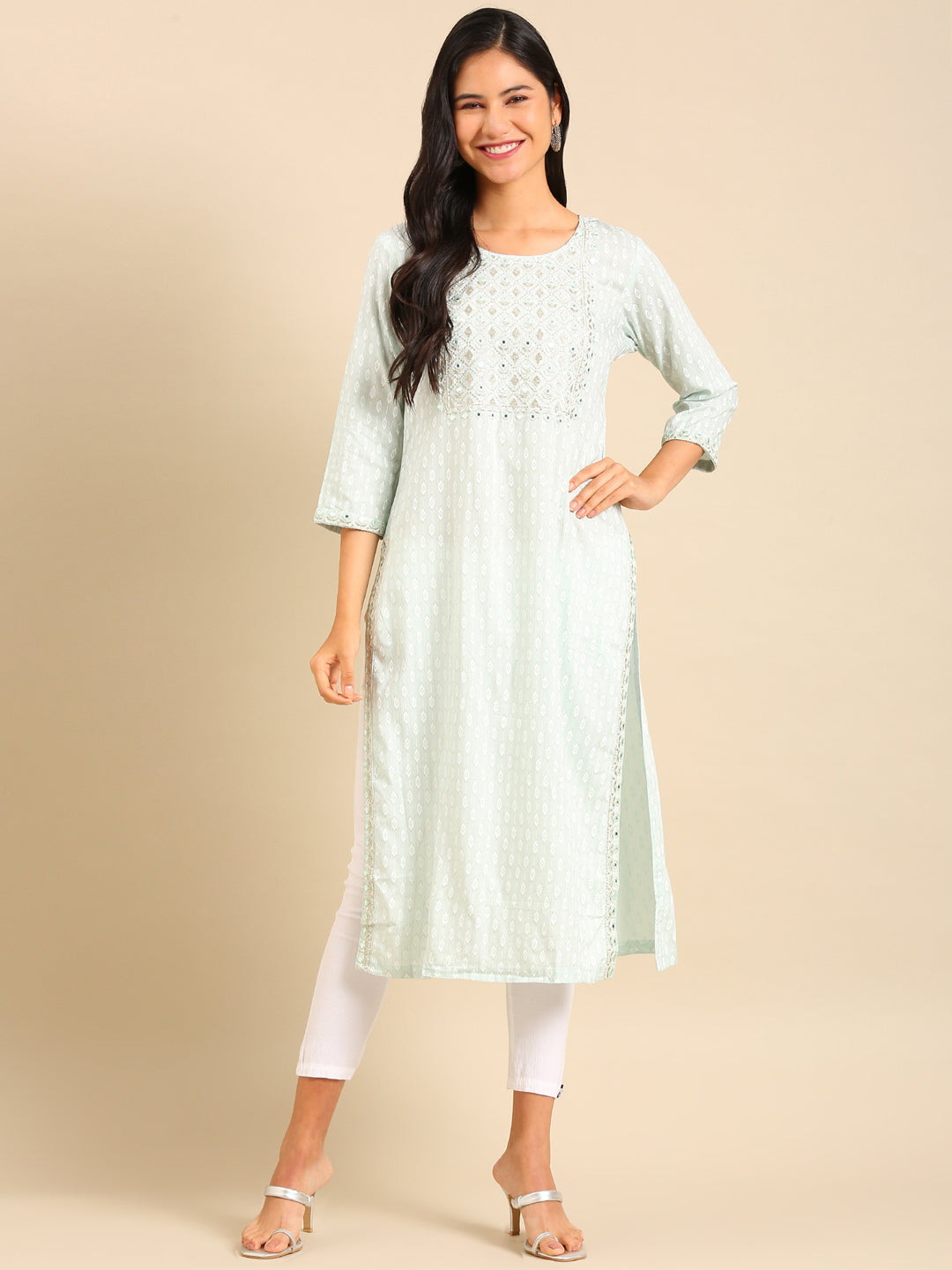 Women's Sea Green Printed Straight Kurta