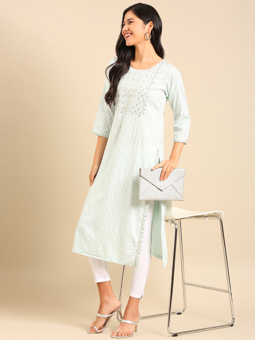 Women's Sea Green Printed Straight Kurta