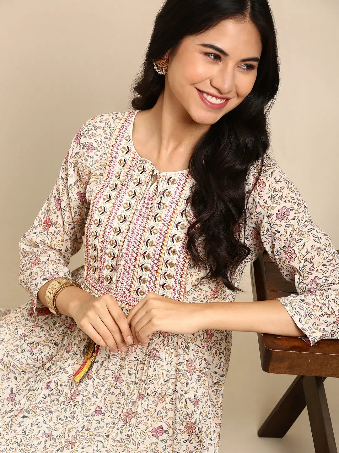 Women's Beige Printed Anarkali Kurta