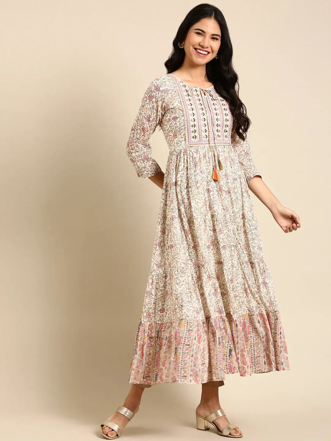 Women's Beige Printed Anarkali Kurta