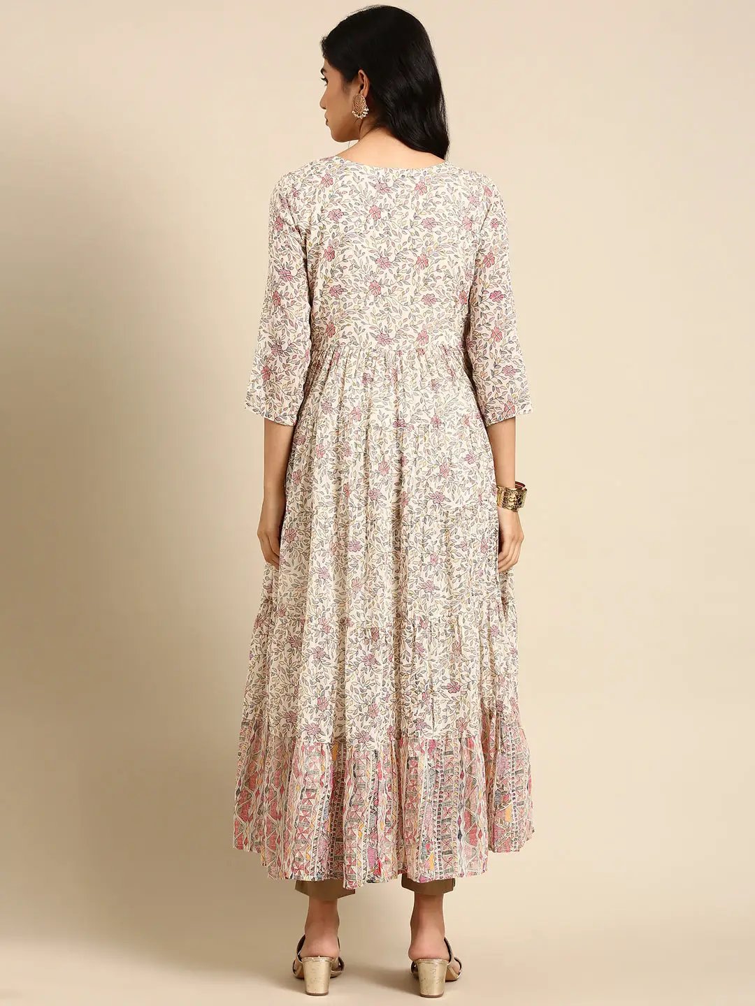 Women's Beige Printed Anarkali Kurta